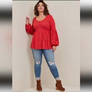 NEW! 0X/12 RED COTTON MODAL SLUB SCOOP NECK EYELET SLEEVE BABYDOLL 0X/12 NWT